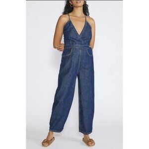 Ética Size Large Birdie Halter Chambray Jumpsuit Adjustable Back Tie Closure